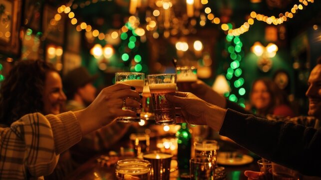 Joyous St. Patrick's Day Celebration. Lively Irish pub decorated for St. Patrick's Day, featuring patrons raising glasses in a toast and surrounded by the warm glow of candlelight.