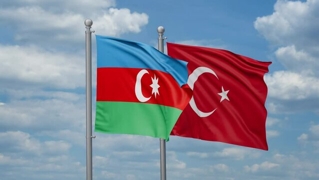 Republic of Turkey and Azerbaijan two flags waving together, looped video, two country cooperation concept