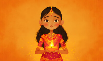 little indian girl holding diwali diya candlelight illustration