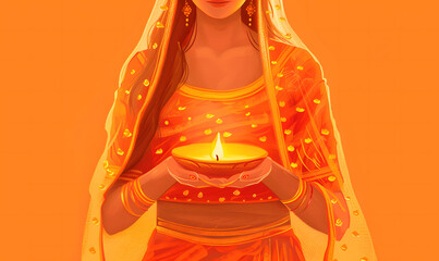 a woman in an orange sari holds a candleindian girl holding diwali diya candlelight illustration