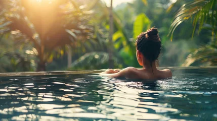 Zelfklevend Fotobehang Beautiful woman on vacation relaxing in swimming pool at luxury tropical resort. Back view © Julia G art