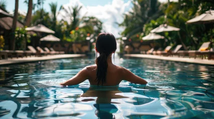 Rolgordijnen Beautiful woman on vacation relaxing in swimming pool at luxury tropical resort. Back view © Julia G art