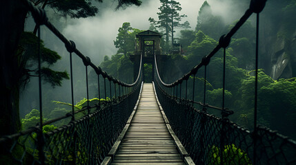 Naklejka premium bridge in the forest with a forest in the background suspension bridge in the foggy jungle 