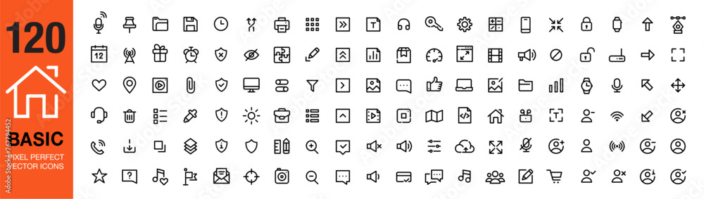 Poster extended set of basic black color ui icons. 120 items, 36 x 36 px. pixel perfect, editable stroke ve