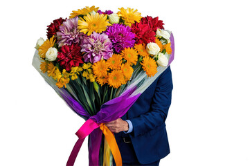 A man with a huge bouquet of magical flowers isolated on a transparent background