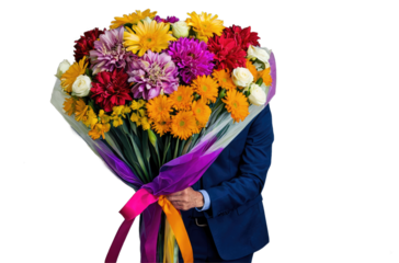 A man with a huge bouquet of magical flowers isolated on a transparent background