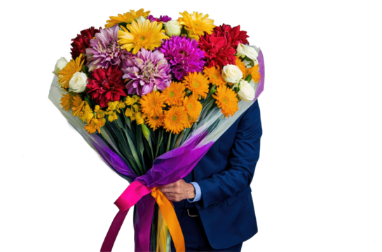 A man with a huge bouquet of magical flowers isolated on a transparent background