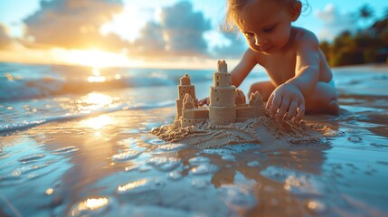 A little child plays in a sandpit by the sea on vacation.