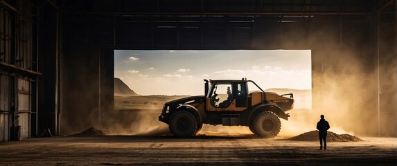 A silhouette of a person standing in front of a giant digital screen with Excavator Loading Sand In Industrial Truck - obrazy, fototapety, plakaty