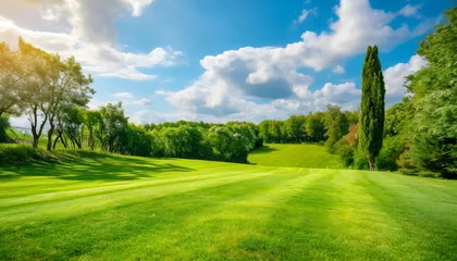 Zelfklevend Fotobehang landscape with green grass and skyblob:https://firefly.adobe.com/d6ec8e13-4365-45ed-a984-9fdc3855a9b3 © Abull