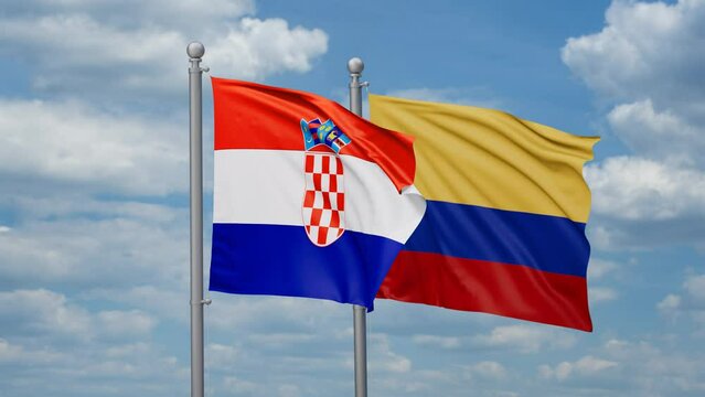Colombia and Croatia two flags waving together, looped video, two country cooperation concept