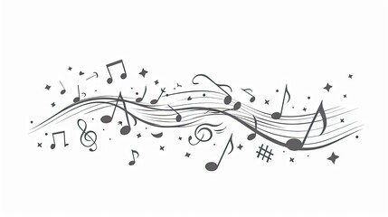 simple musical notes illustration back and white, come from top right corner, flowing  