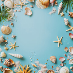 Sea shells, palm leaves, sand, sea star, sea salt on blue background. Square template with summer vibes. 