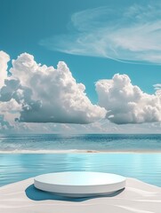 3D podium with copy space for product display presentation on beach with blue sky and white clouds abstract background. Tropical summer and vacation concept. Graphic rendering illustration design.