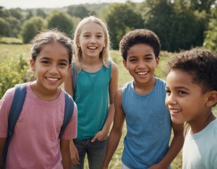 A group of children are smiling and posing for a picture. They are wearing colorful shirts and backpacks. Scene is happy and cheerful - 767795682