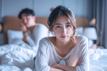 Asian woman sad in bedroom, her husband is leaning on the bed