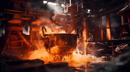 Silhouette of tank pours liquid metal at the steel mill pouring making - obrazy, fototapety, plakaty