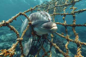 Dolphin Swims Through Fishing Net in Ocean