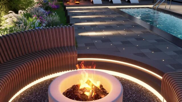 3D render. Landscaping around the backyard pool with evening lights. 