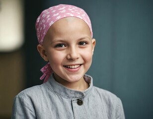 A young girl with a pink bandana on her head is smiling. She is wearing a grey shirt and a grey jacket. Cancer concept. - 767796039