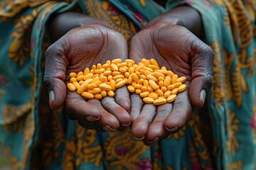 Woman Holding Two Hands Full of Yellow Pills