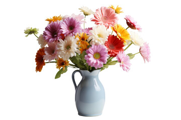 Vibrant Bouquet in a Blue Vase. On a White or Clear Surface PNG Transparent Background.