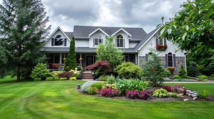 Fototapeta na wymiar suburban home in America with beautiful landscaping 
