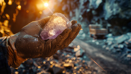 A miner's hand holds crystalline ore extracted from a mine shaft.