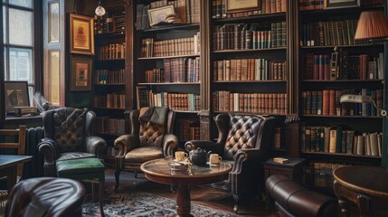 Classic vintage library interior with leather armchairs, wooden bookshelves filled with books, and cozy reading atmosphere with warm lighting. Traditional study room design. - obrazy, fototapety, plakaty