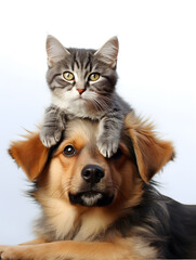 Fototapeta premium Cat and dog together. Friendship portrait isolated on white background