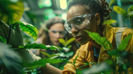 Woman botanist conducting research in lush greenhouse environment with meticulous care to plant health. Environmental science and botany. - obrazy, fototapety, plakaty
