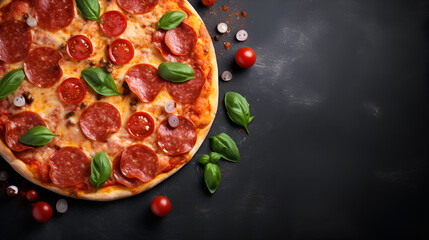 Top view Pepperoni pizza on a Dark background Margherita pizza with mozzarella olive tomato - obrazy, fototapety, plakaty