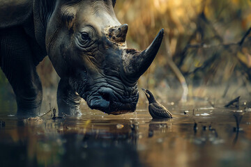 Naklejka premium A Majestic Rhinoceros and a Curious Bird Amidst Nature’s Tranquility. Generative AI image.