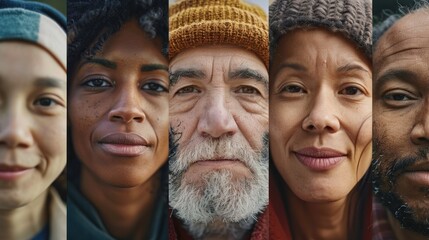 Diverse group of people showing various ages and ethnic backgrounds standing together. Unity in diversity and tolerance.
