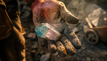 Miners are holding a rare crystal mineral in their hand against the backdrop of a cave.