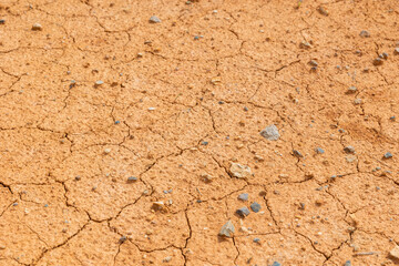 Drought land or cracked land with little stones or pebbles in full frame view