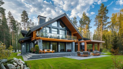 Fototapeta na wymiar Two-storey country house made of aerated concrete blocks in Scandinavian style with panoramic windows and four-pitched roof, 