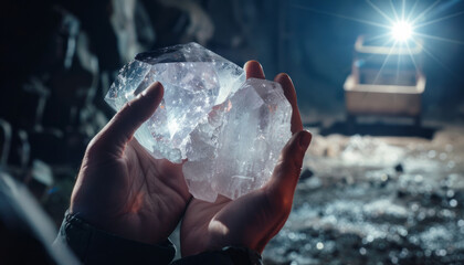 A miner's hand holds crystalline ore extracted from a mine shaft. - obrazy, fototapety, plakaty