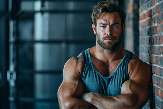 A man with a beard and a tattoo on his arm stands in front of a brick wall. He is wearing a grey tank top and has his arms crossed. strong man in gym
