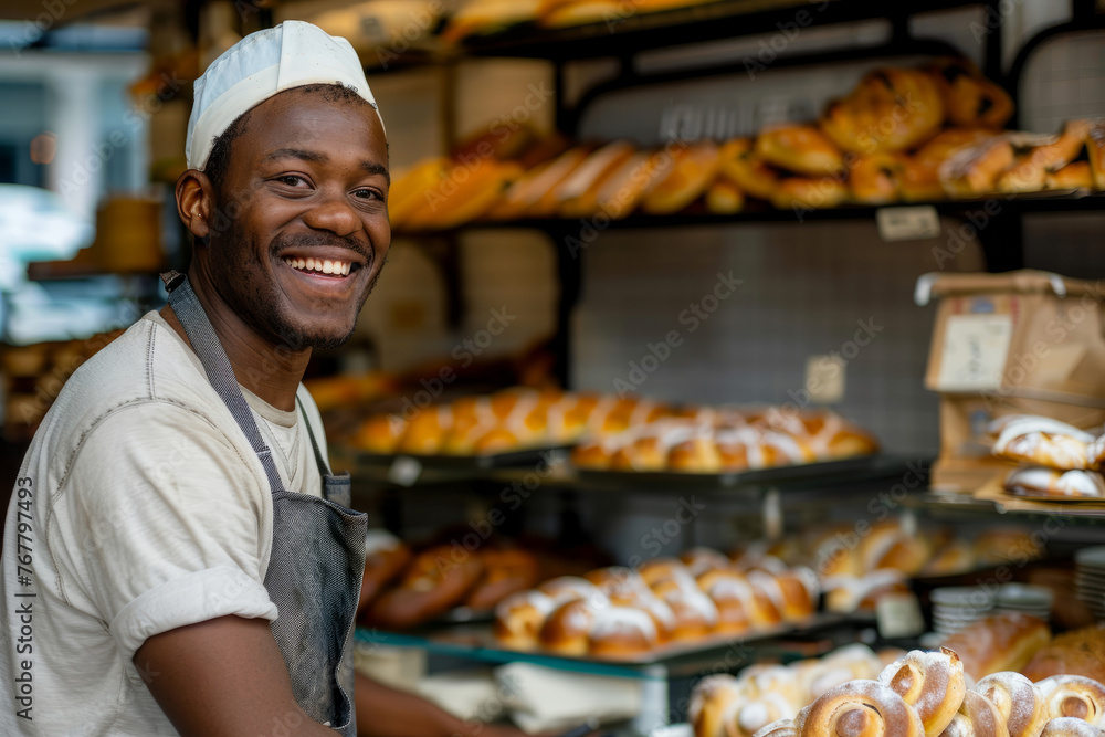 Poster a smiling man stands behind a counter with a variety of pastries. he is wearing a white hat and apro