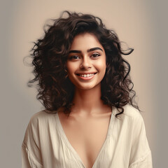 portrait image of Indian fair skin woman with curly hair in an isolated background