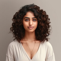 portrait image of Indian fair skin woman with curly hair in an isolated background