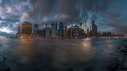 Dramatic evening skyline of bustling cityscape with illuminated skyscrapers reflecting in...