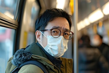 Sick man wearing mask in public transport during 2019 nCoV outbreak