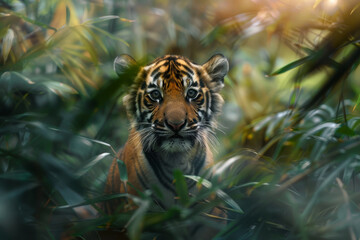 Tigre salvaje joven camuflado en medio de la jungla - obrazy, fototapety, plakaty