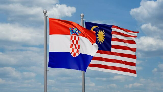Malaysia and Croatia two flags waving together, looped video, two country cooperation concept