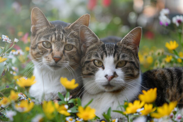 Retrato de gatos comunes entre las flores. - obrazy, fototapety, plakaty