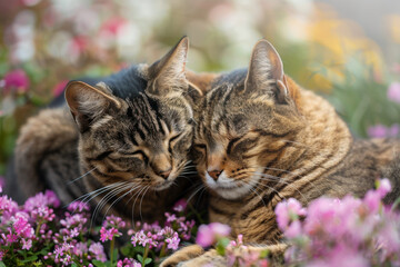 Naklejka na ściany i meble Adorables gatos dormidos juntos en el jardín.