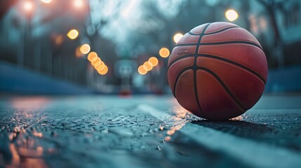 Street basketball on urban court after rain and basketball hoop in the background with soft bokeh light - Powered by Adobe