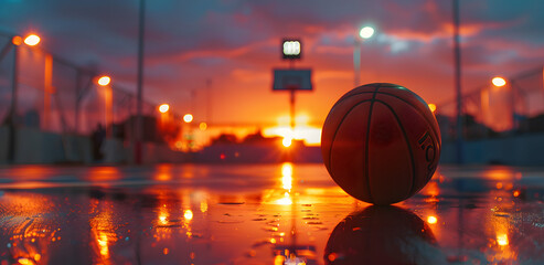 Street basketball on urban court after rain and basketball hoop in the background with soft bokeh light